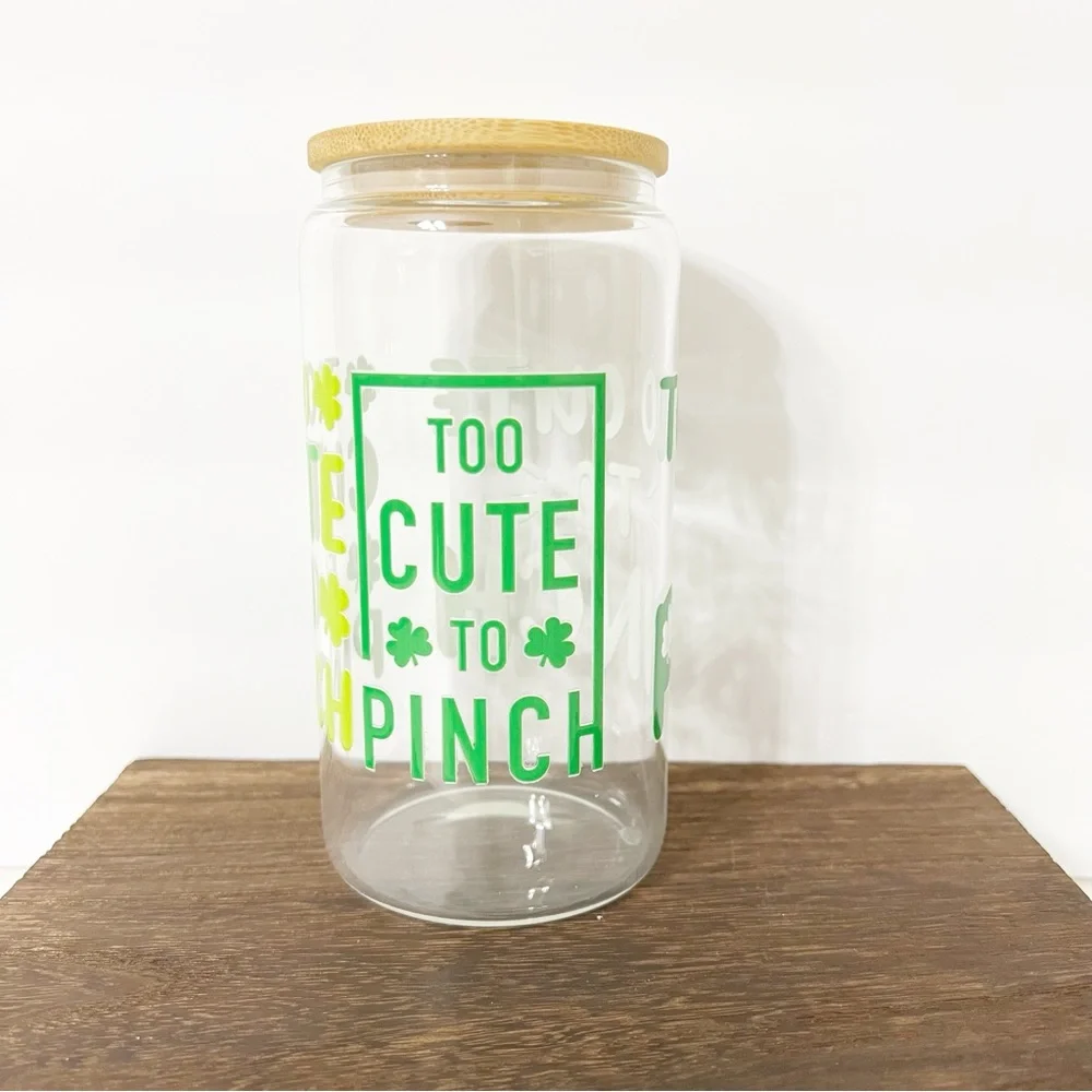 “Too Cute To Pinch” Libbey Glass Can with Bamboo Lid and Straw